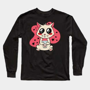 Kawaii Cat Driking Boba Tea Long Sleeve T-Shirt